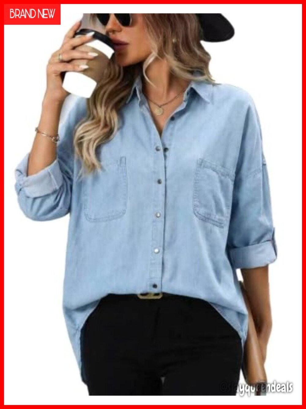 Women's Plus Size Denim Button Down Shirt Long Sleeve Oversized
